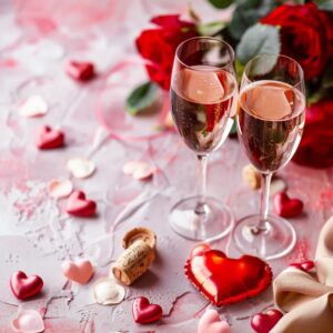 Two champagne glasses with rosé, surrounded by red roses, heart-shaped decorations, corks, and a red heart balloon on a pink-themed surface create the perfect Valentine's Day ambiance. | Envy Studio, Lancaster, PA