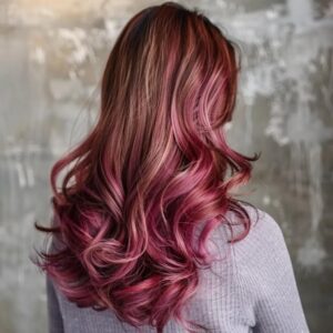Person with long, wavy hair in pink and purple hues wears a light gray ribbed top, facing away from the camera against a textured gray background—radiating self-love just in time for Valentine's Day. | Envy Studio, Lancaster, PA